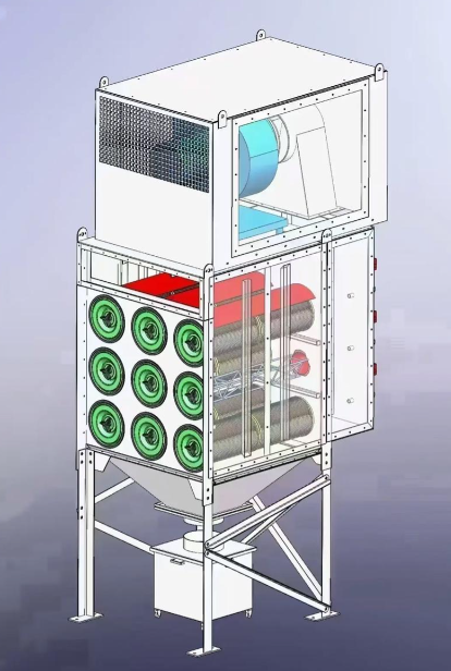 滤筒除尘器结构图解：标注箱体、滤筒、脉冲阀、灰斗、风机等主要部件